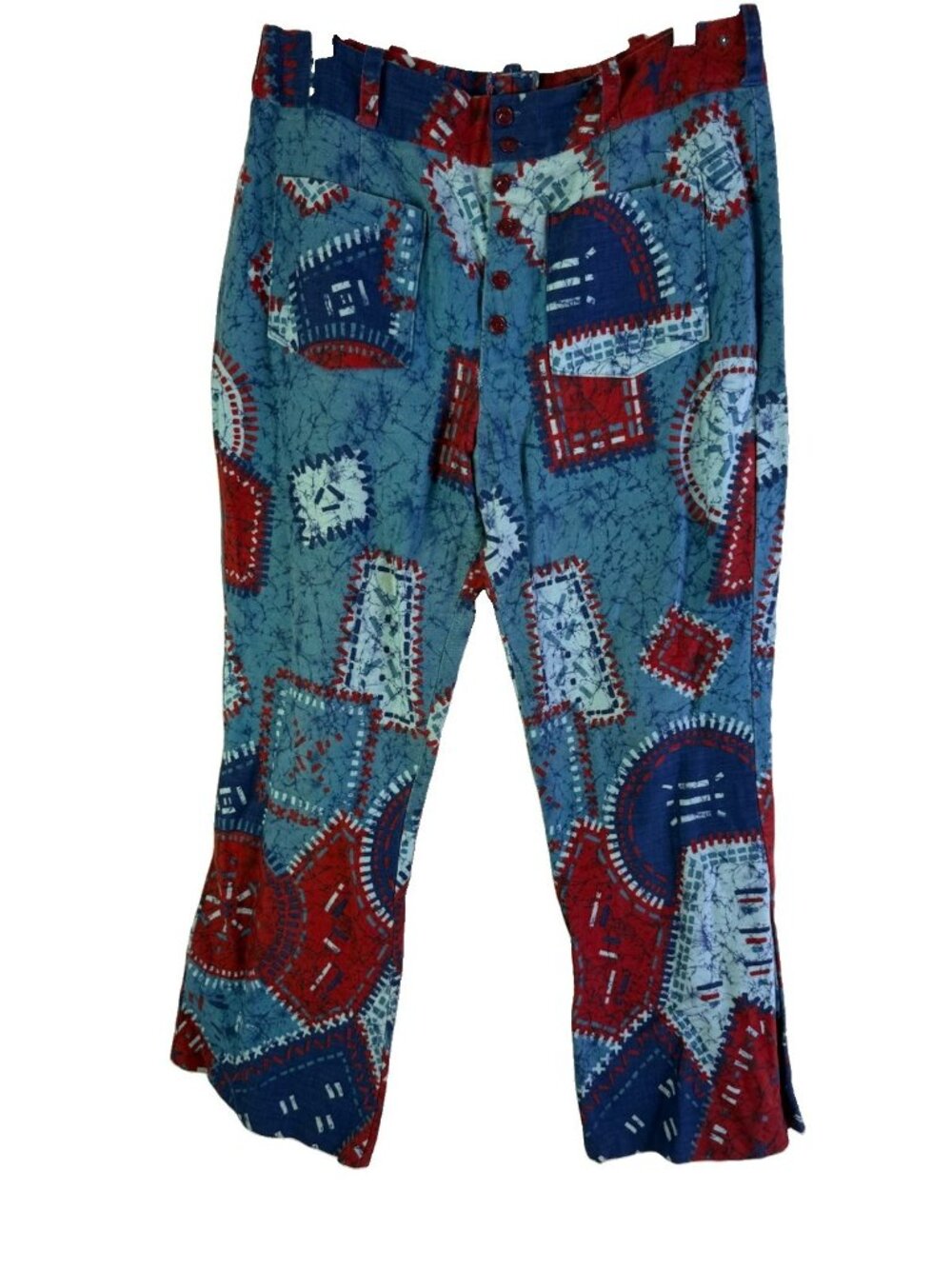 Vintage 70s Handmade Jeans Rainbow Patchwork Flare Button Hippy